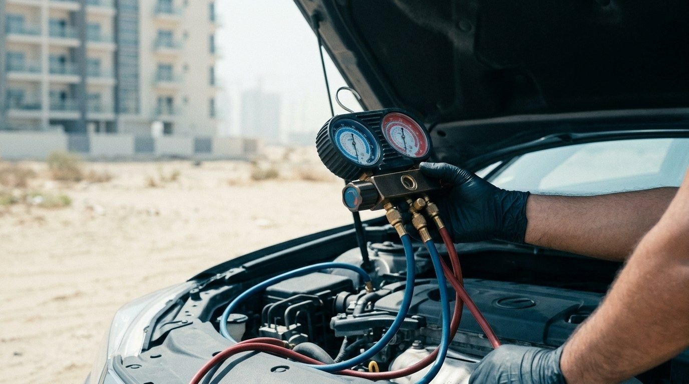 مقاييس غاز المكيف موصولة أثناء تصليح مكيف السيارة في دبي